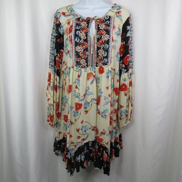 Patrons of Peace Dresses & Skirts - Patrons of Peace Peasant Dress Size L Floral  Boho Flowy Flounce Hem Red Black